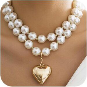 Elegant Big Pearl Gold Heart Choker Necklace - Trendy Layered Women's Jewelry